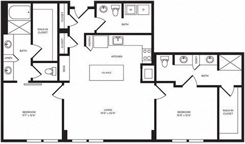 Floor plan for 2 beds, 2 baths, 1349 sqft